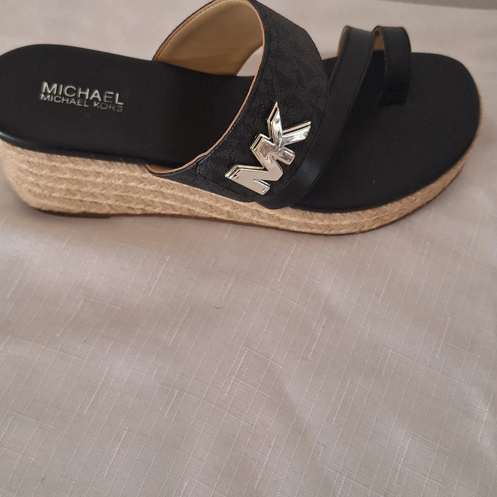 Michael Kors Black MK Logo Espadrille Slide Sandals with Gold Accents - Picture 3 of 5